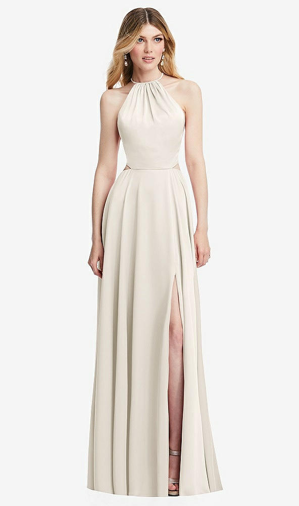 Front View - Ivory Halter Cross-Strap Gathered Tie-Back Cutout Maxi Dress
