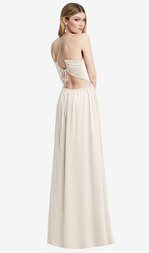 Back View - Ivory Halter Cross-Strap Gathered Tie-Back Cutout Maxi Dress