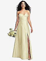 Front View Thumbnail - Butter Yellow Strapless Bustier A-Line Satin Gown with Front Slit