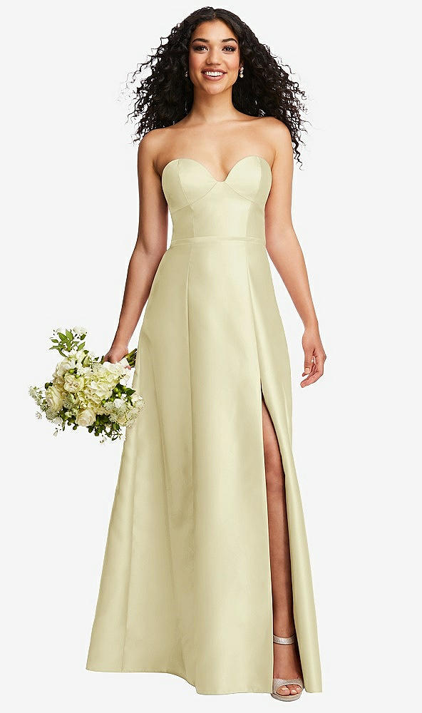 Front View - Butter Yellow Strapless Bustier A-Line Satin Gown with Front Slit