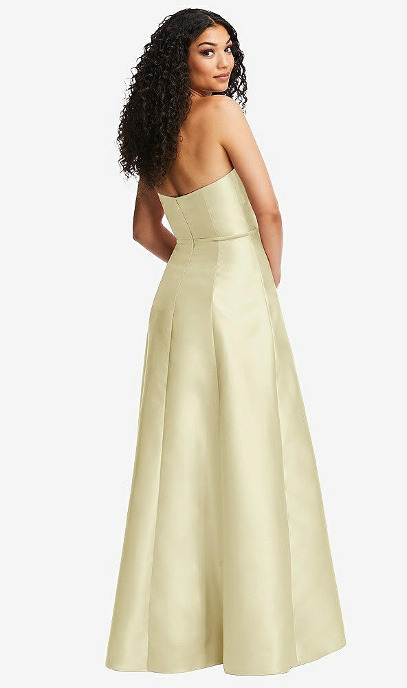 Back View - Butter Yellow Strapless Bustier A-Line Satin Gown with Front Slit