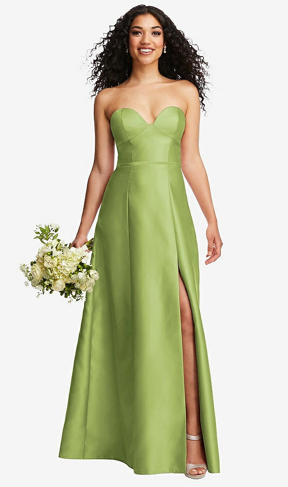 Front View - Mojito Strapless Bustier A-Line Satin Gown with Front Slit
