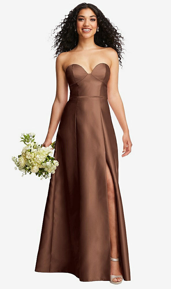 Front View - Cognac Strapless Bustier A-Line Satin Gown with Front Slit