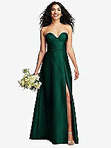 Front View Thumbnail - Hunter Green Strapless Bustier A-Line Satin Gown with Front Slit