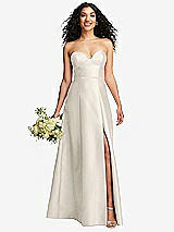 Front View Thumbnail - Ivory Strapless Bustier A-Line Satin Gown with Front Slit