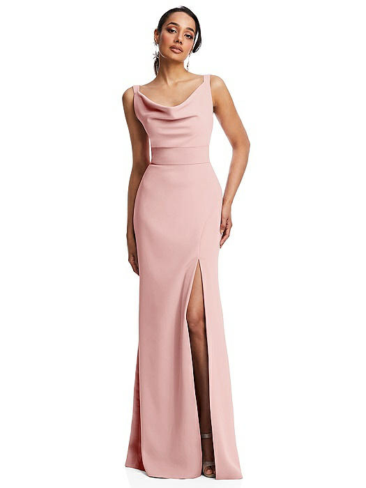 Cowl-Neck Wide Strap Crepe Trumpet Gown with Front Slit