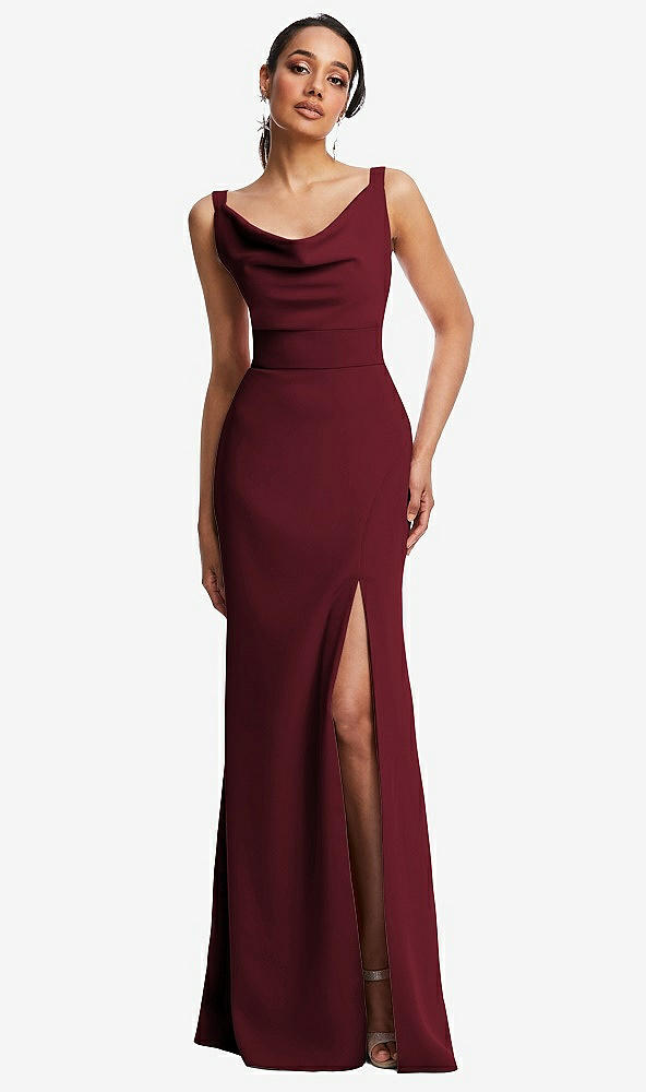 Front View - Cabernet Cowl-Neck Wide Strap Crepe Trumpet Gown with Front Slit