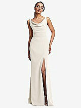 Front View Thumbnail - Ivory Cowl-Neck Wide Strap Crepe Trumpet Gown with Front Slit