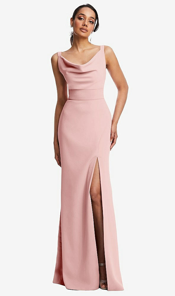 Front View - Rose Cowl-Neck Wide Strap Crepe Trumpet Gown with Front Slit