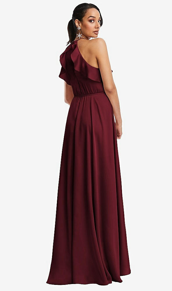 Back View - Cabernet Ruffle-Trimmed Bodice Halter Maxi Dress with Wrap Slit