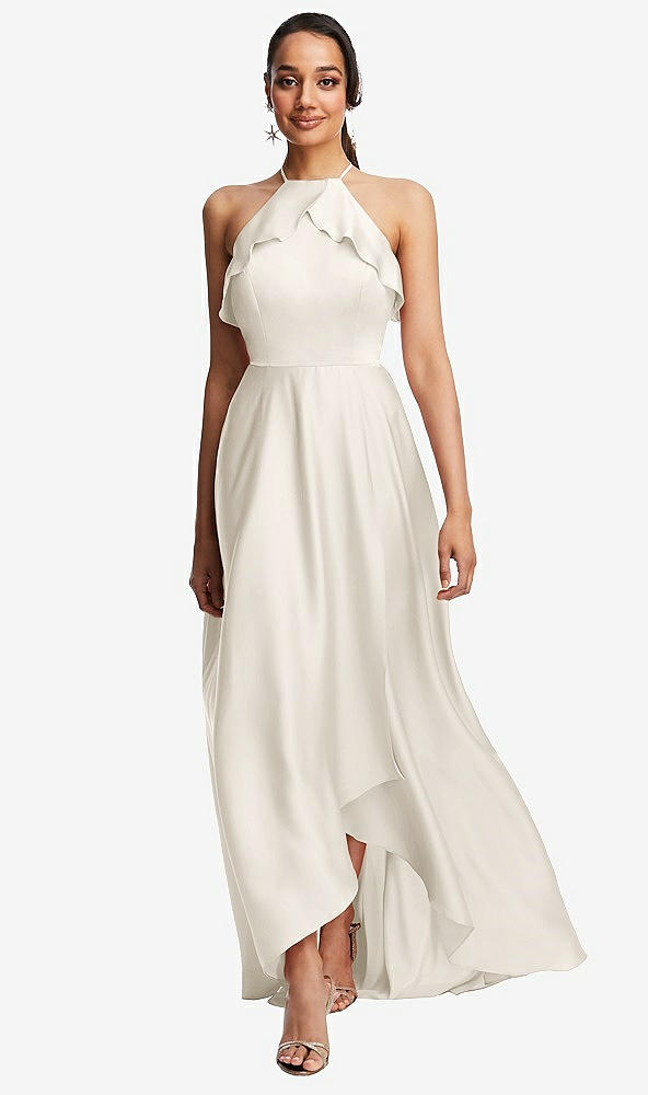 Front View - Ivory Ruffle-Trimmed Bodice Halter Maxi Dress with Wrap Slit