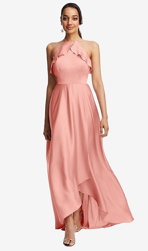 Front View - Rose Ruffle-Trimmed Bodice Halter Maxi Dress with Wrap Slit