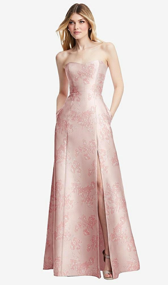 Front View - Bow And Blossom Print Strapless A-line Floral Satin Gown with Modern Bow Detail