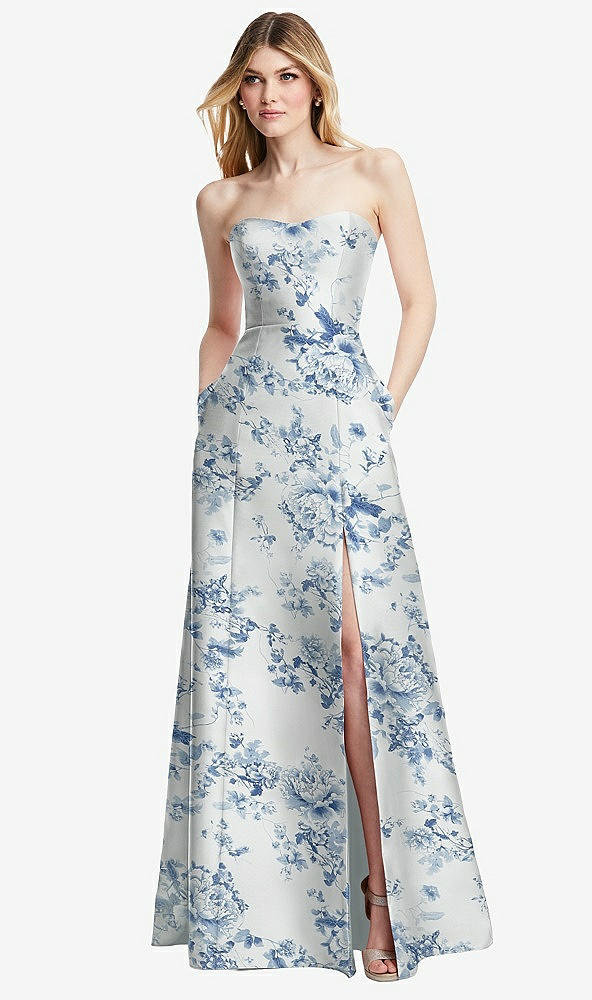 Front View - Cottage Rose Larkspur Strapless A-line Floral Satin Gown with Modern Bow Detail