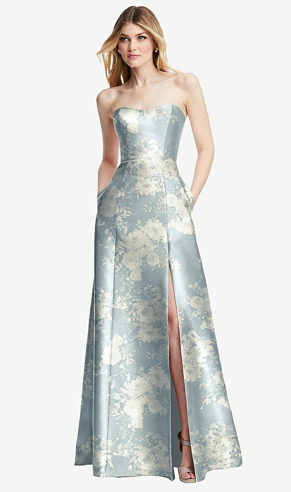 Front View - Porcelain Blue Seraphina Floral Strapless A-line Floral Satin Gown with Modern Bow Detail