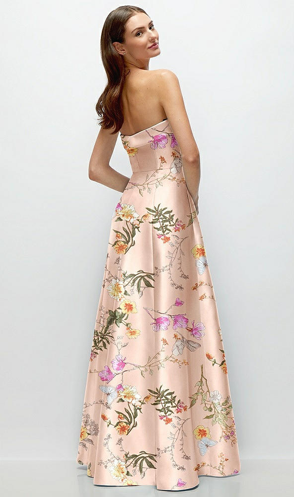 Back View - Butterfly Botanica Pink Sand Strapless Bias Cuff Bodice Floral Satin Gown with Pockets
