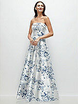 Front View Thumbnail - Cottage Rose Larkspur Strapless Bias Cuff Bodice Floral Satin Gown with Pockets