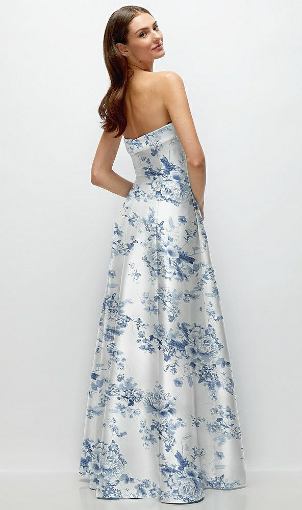 Back View - Cottage Rose Larkspur Strapless Bias Cuff Bodice Floral Satin Gown with Pockets