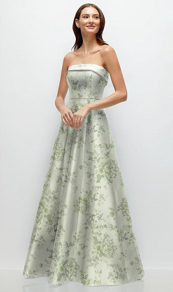 Front View - Sage Cottage Rose Strapless Bias Cuff Bodice Floral Satin Gown with Pockets