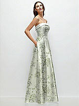 Side View Thumbnail - Sage Cottage Rose Strapless Bias Cuff Bodice Floral Satin Gown with Pockets
