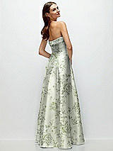 Rear View Thumbnail - Sage Cottage Rose Strapless Bias Cuff Bodice Floral Satin Gown with Pockets