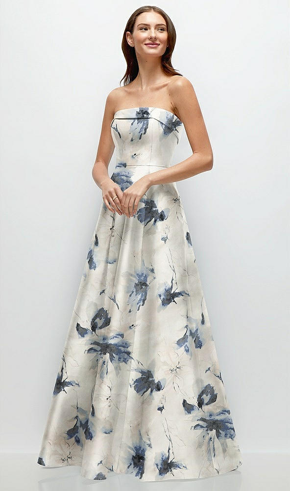 Front View - Inkwash Blue Floral Strapless Bias Cuff Bodice Floral Satin Gown with Pockets