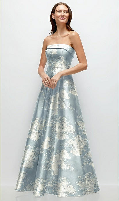 Strapless Bias Cuff Bodice Floral Satin Bridesmaid Dress With
