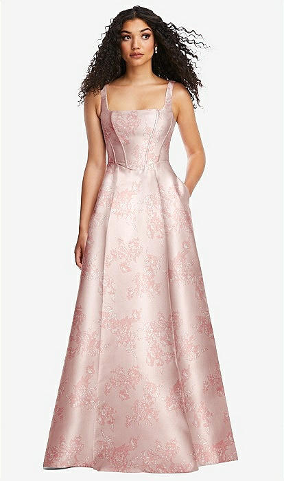 Boned Corset Closed-back Floral Satin Bridesmaid Dress With Full