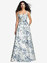 Front View Thumbnail - Cottage Rose Larkspur Boned Corset Closed-Back Floral Satin Gown with Full Skirt