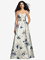 Front View Thumbnail - Inkwash Blue Floral Boned Corset Closed-Back Floral Satin Gown with Full Skirt