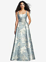 Front View Thumbnail - Porcelain Blue Seraphina Floral Boned Corset Closed-Back Floral Satin Gown with Full Skirt