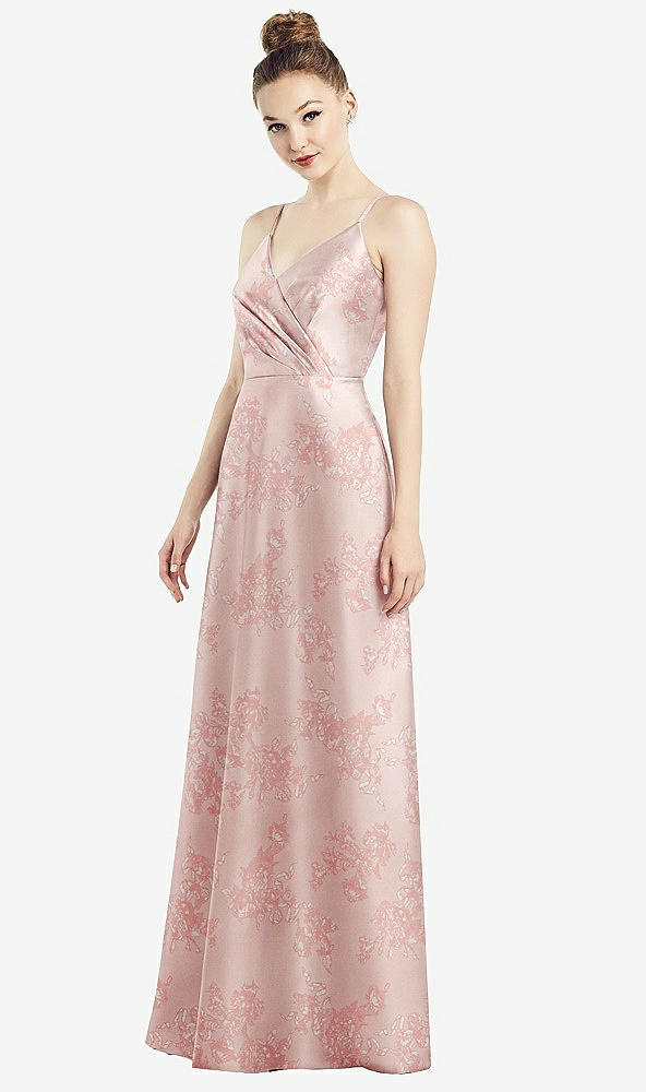 Front View - Bow And Blossom Print Draped Wrap Floral Satin Maxi Dress with Pockets