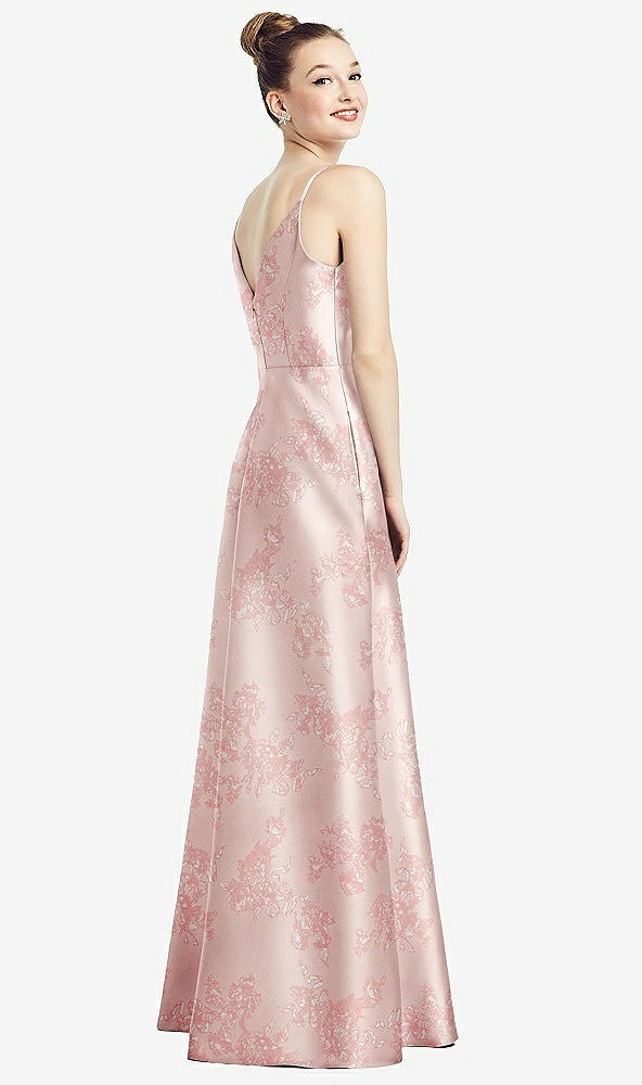 Back View - Bow And Blossom Print Draped Wrap Floral Satin Maxi Dress with Pockets