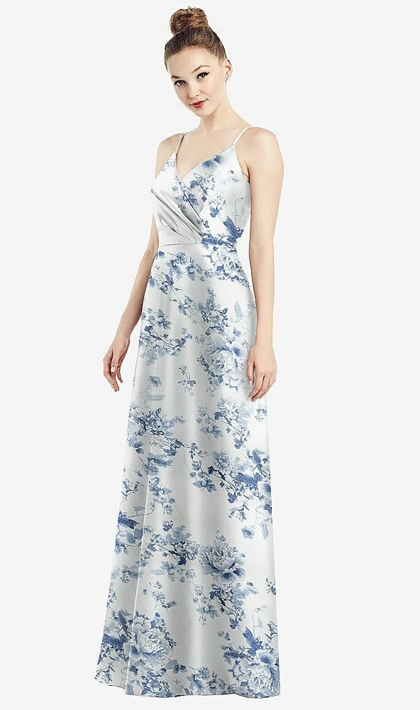 Front View - Cottage Rose Larkspur Draped Wrap Floral Satin Maxi Dress with Pockets