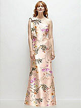 Alt View 4 Thumbnail - Butterfly Botanica Pink Sand Bow One-Shoulder Floral Satin Trumpet Gown