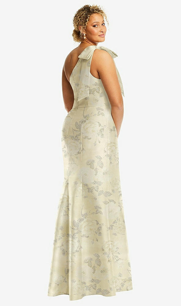Back View - Butter Yellow Floral Bow One-Shoulder Floral Satin Trumpet Gown