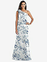 Alt View 1 Thumbnail - Cottage Rose Larkspur Bow One-Shoulder Floral Satin Trumpet Gown