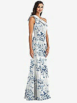 Alt View 2 Thumbnail - Cottage Rose Larkspur Bow One-Shoulder Floral Satin Trumpet Gown