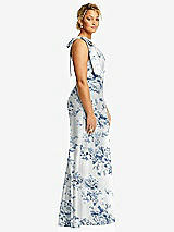 Side View Thumbnail - Cottage Rose Larkspur Bow One-Shoulder Floral Satin Trumpet Gown
