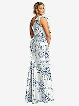 Rear View Thumbnail - Cottage Rose Larkspur Bow One-Shoulder Floral Satin Trumpet Gown