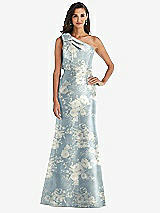 Alt View 1 Thumbnail - Porcelain Blue Seraphina Floral Bow One-Shoulder Floral Satin Trumpet Gown