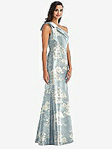 Alt View 2 Thumbnail - Porcelain Blue Seraphina Floral Bow One-Shoulder Floral Satin Trumpet Gown