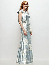 Alt View 5 Thumbnail - Porcelain Blue Seraphina Floral Bow One-Shoulder Floral Satin Trumpet Gown