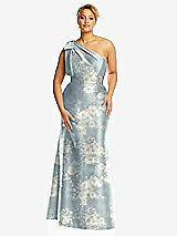 Front View Thumbnail - Porcelain Blue Seraphina Floral Bow One-Shoulder Floral Satin Trumpet Gown