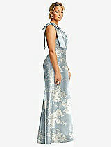 Side View Thumbnail - Porcelain Blue Seraphina Floral Bow One-Shoulder Floral Satin Trumpet Gown