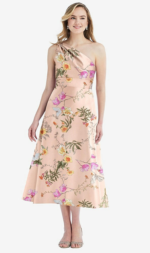 Front View - Butterfly Botanica Pink Sand Draped One-Shoulder Floral Satin Midi Dress with Pockets