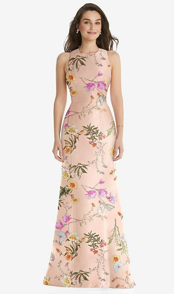 Front View - Butterfly Botanica Pink Sand Jewel Neck Bowed Open-Back Floral SatinTrumpet Dress