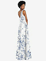 Rear View Thumbnail - Cottage Rose Larkspur Jewel-Neck V-Back Floral Satin Maxi Dress with Mini Sash