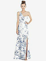 Front View Thumbnail - Cottage Rose Larkspur Draped One-Shoulder Floral Satin Trumpet Gown with Front Slit