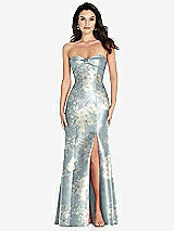 Front View Thumbnail - Porcelain Blue Seraphina Floral Bow Cuff Strapless Floral Princess Waist Trumpet Gown